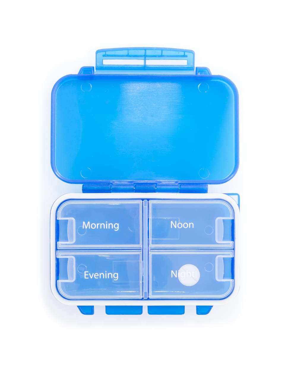 Blue plastic pill organizer Isolated on white background. The file includes a clipping pat