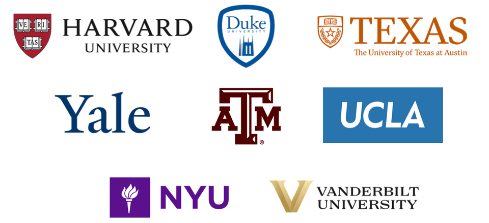 Harvard, Duke, Texas, Yale, Texas A&M, UCLA, NYU and Vanderbilt